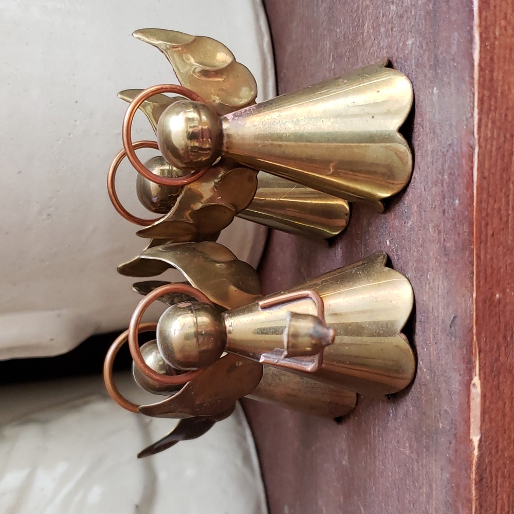 Vintage set of brass angels with copper halos